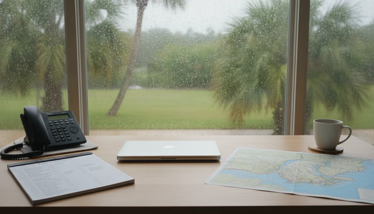 Desk with a phone, checklist and paper map by a rainy window in Lake Charles, Louisiana