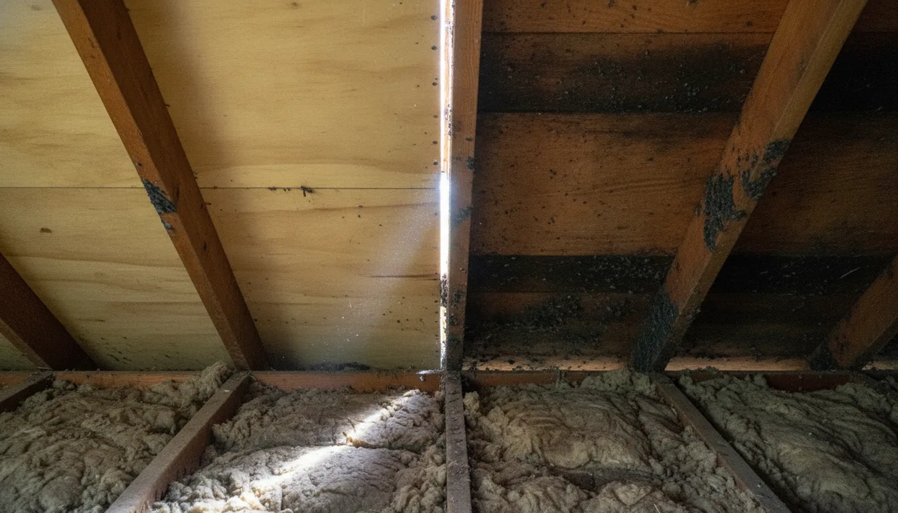 Patched roof decking beside mold-stained rafters and damp insulation in an attic in Lake Charles, Louisiana