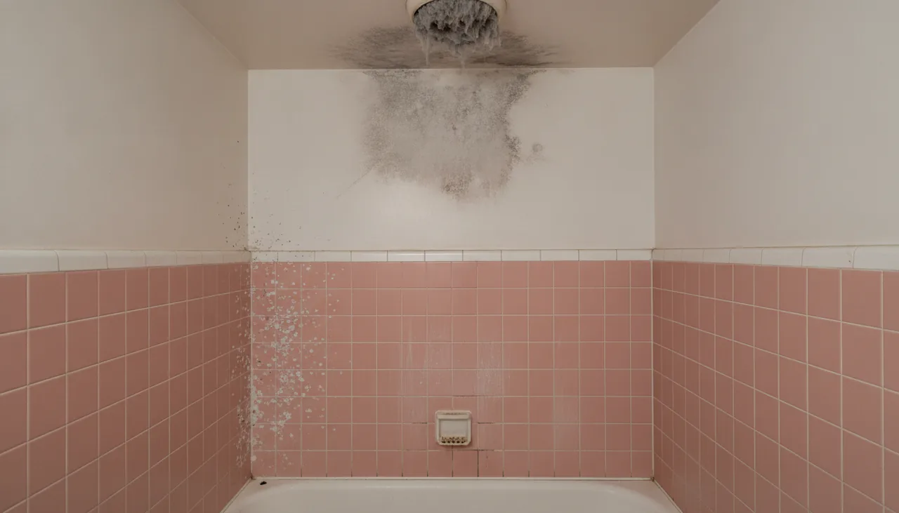 Mold in tub grout, caulk and the ceiling above the shower of an older bathroom in Lake Charles, Louisiana