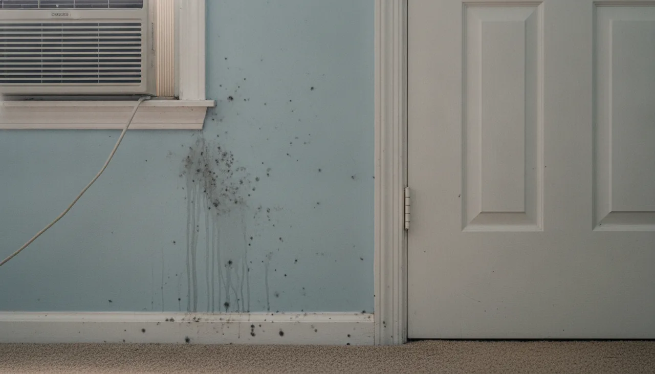 Dark mold on a painted wall and closet frame below a window air conditioner in a Lake Charles, Louisiana bedroom