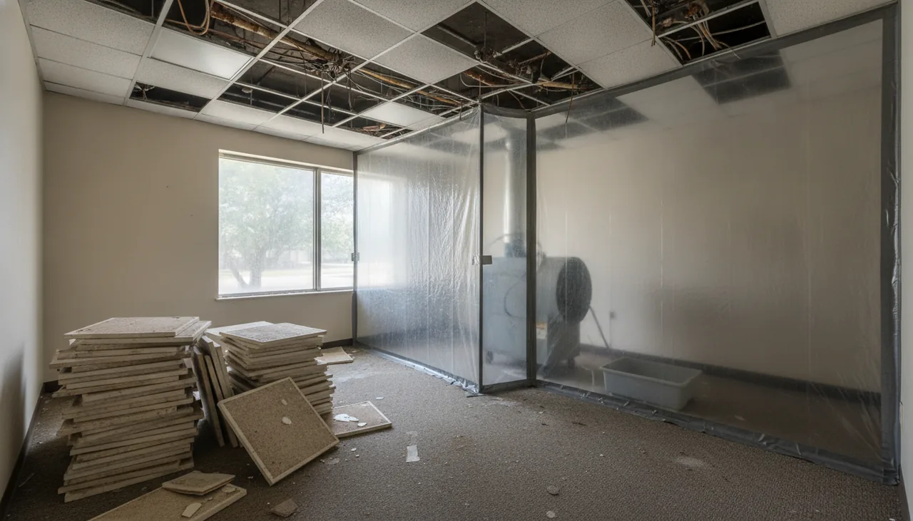 Office suite with stained ceiling tiles removed and a containment wall during mold work in Lake Charles, Louisiana