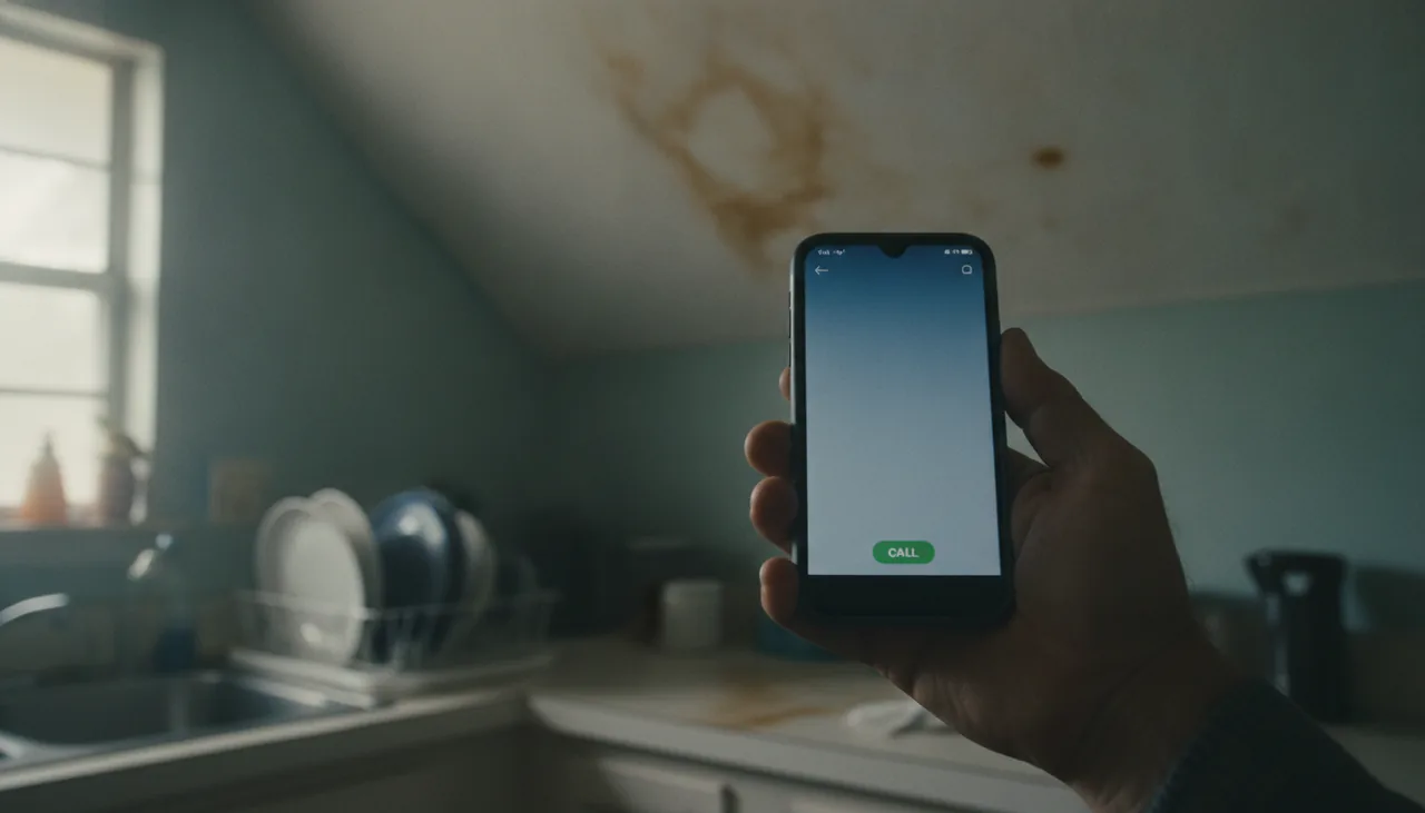 Hand holding a phone in a kitchen with a water-stained ceiling behind, Lake Charles, Louisiana