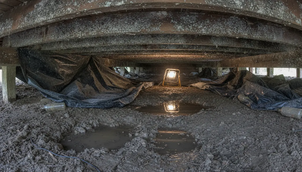 Damp clay soil, torn vapor barrier and stained joists in a crawl space under a Lake Charles, Louisiana house