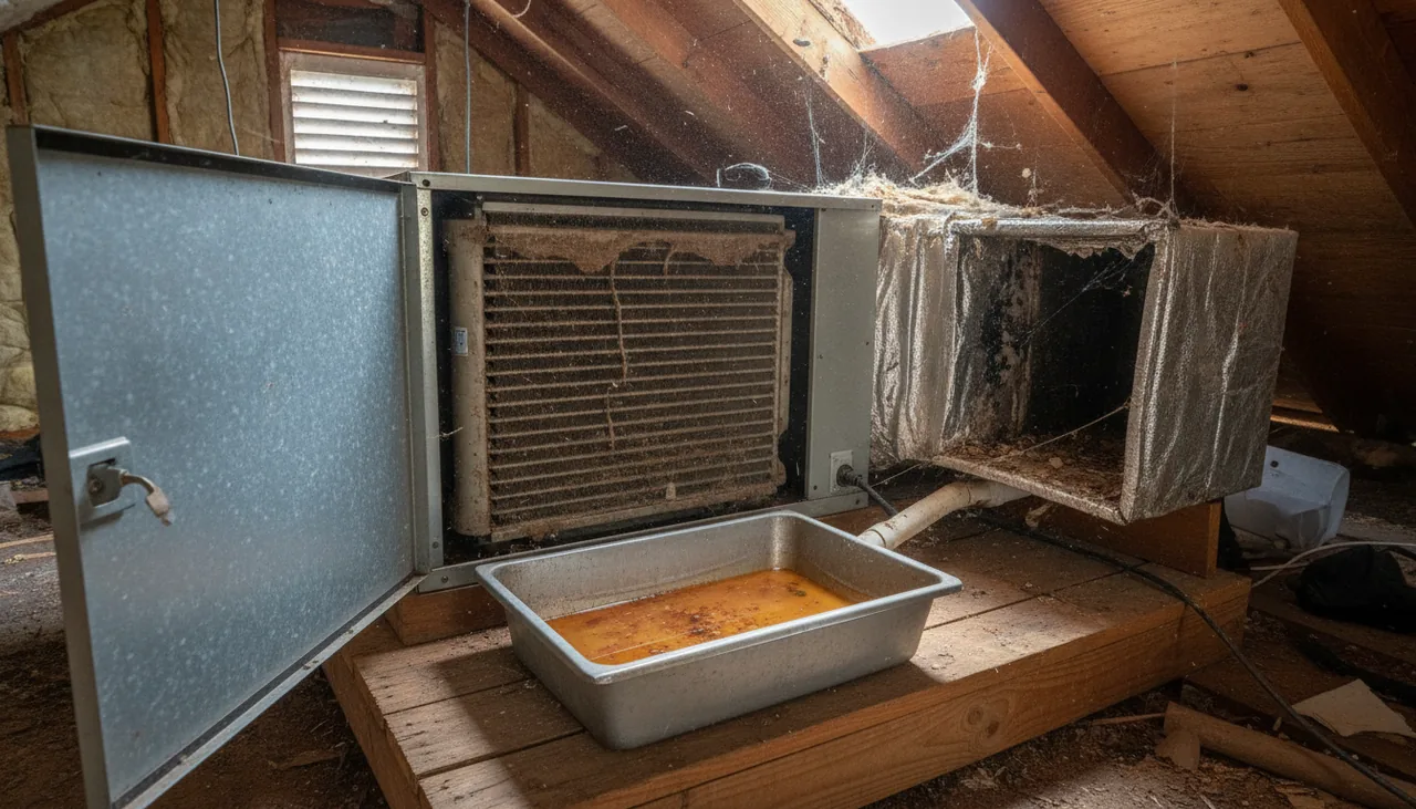 Attic air handler with a dirty coil and a water-filled drain pan in Lake Charles, Louisiana
