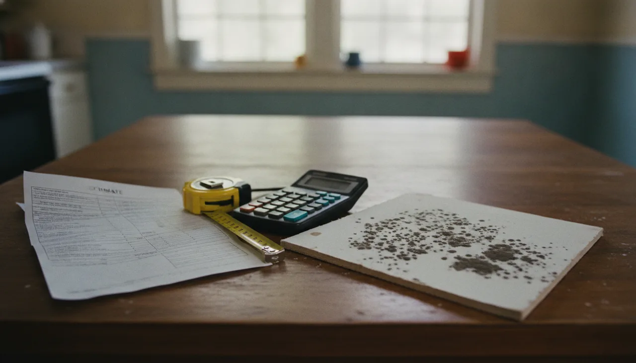Printed estimate, tape measure, calculator and a moldy drywall sample on a table in Lake Charles, Louisiana