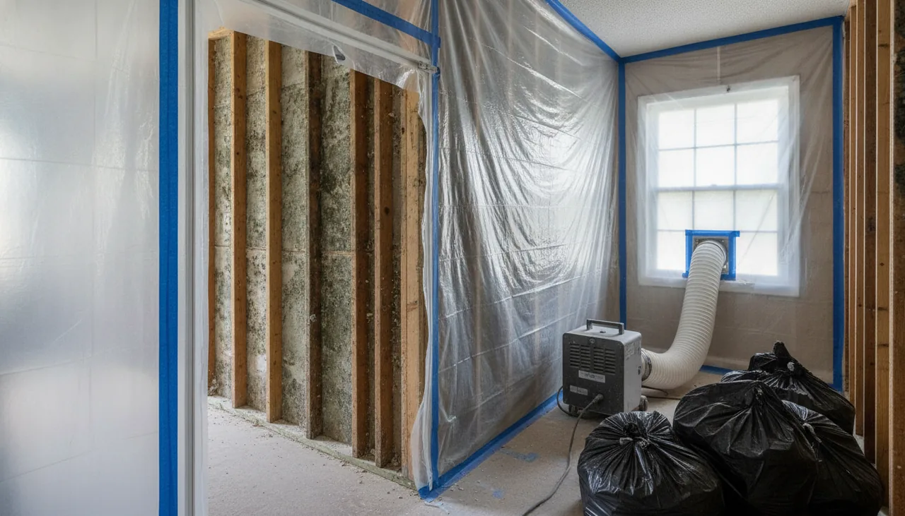 Hallway sealed with plastic sheeting and a negative-air machine during mold remediation in Lake Charles, Louisiana