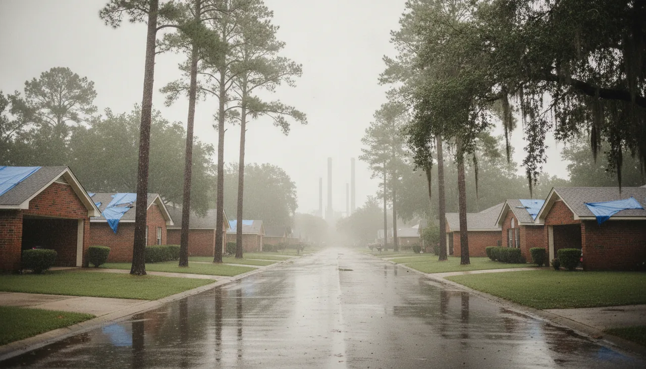 Brick houses with carports and tarped roofs on a wet street in Sulphur, Louisiana