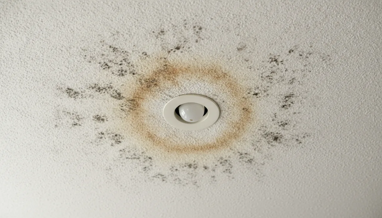 Water stain and mold speckles on a popcorn ceiling near a light fixture in Lake Charles, Louisiana
