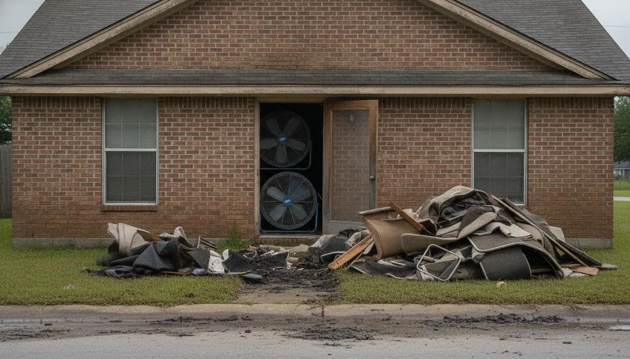 Flood-soaked drywall and carpet piled at the curb outside a house in Lake Charles, Louisiana