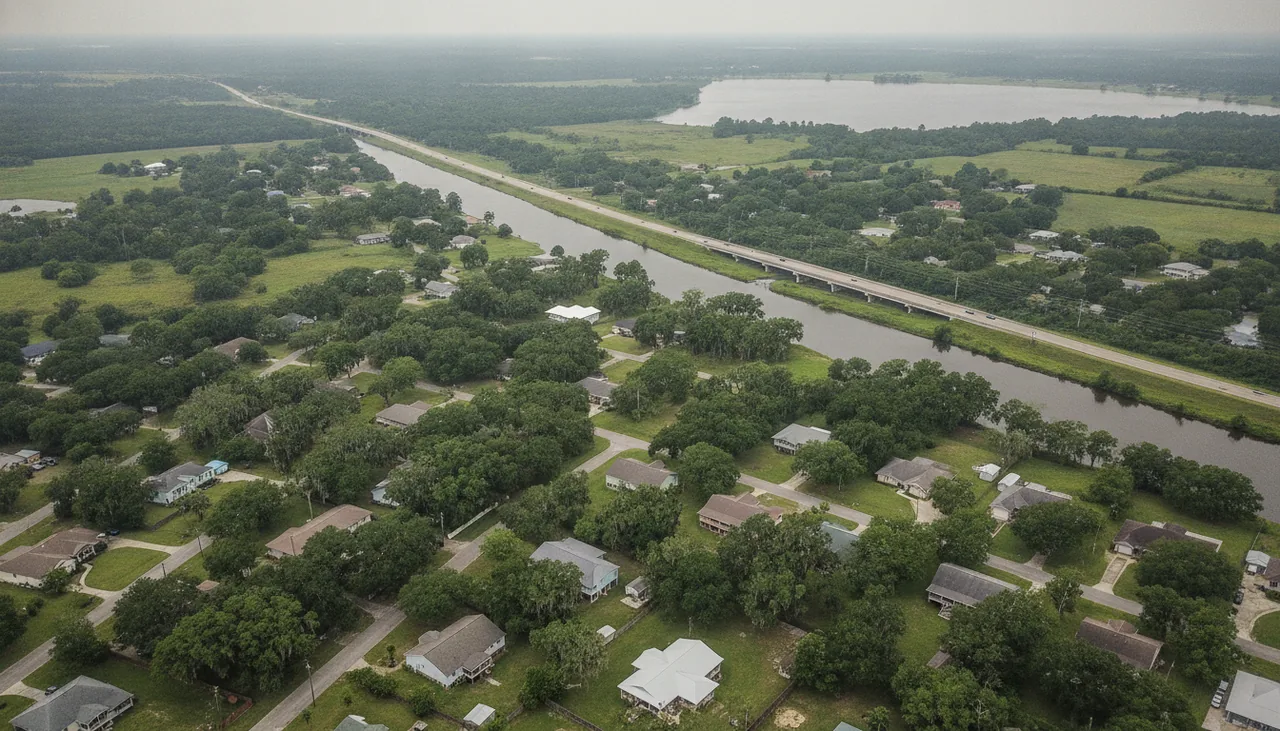 Aerial view of flat neighborhoods beside a river and a long highway bridge near Lake Charles, Louisiana