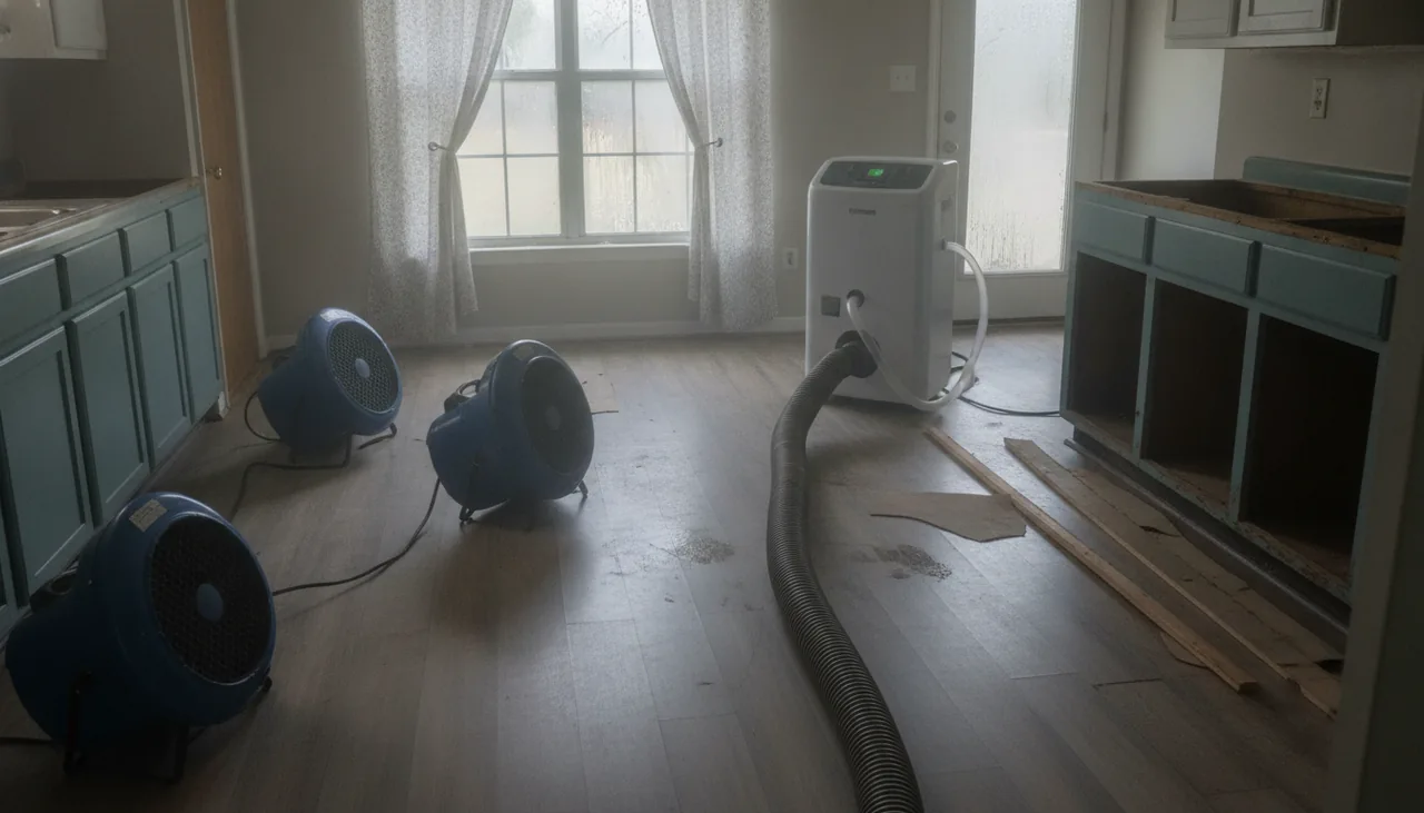 Water extraction hose, air movers and a dehumidifier drying a kitchen floor in Lake Charles, Louisiana